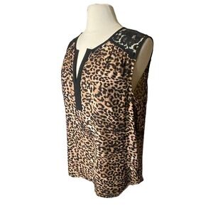 Daniel Rainn Leopard and Lace Sleeveless Blouse/Tank Top XL V-Neck Back Keyhole